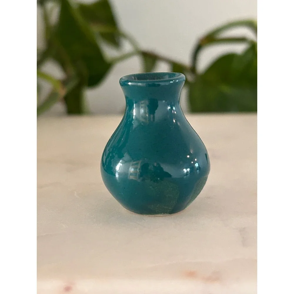 Miniature Ceramic Bud Vase Set of 3 Signed ML Artisan Pottery Teal Bronze Red
